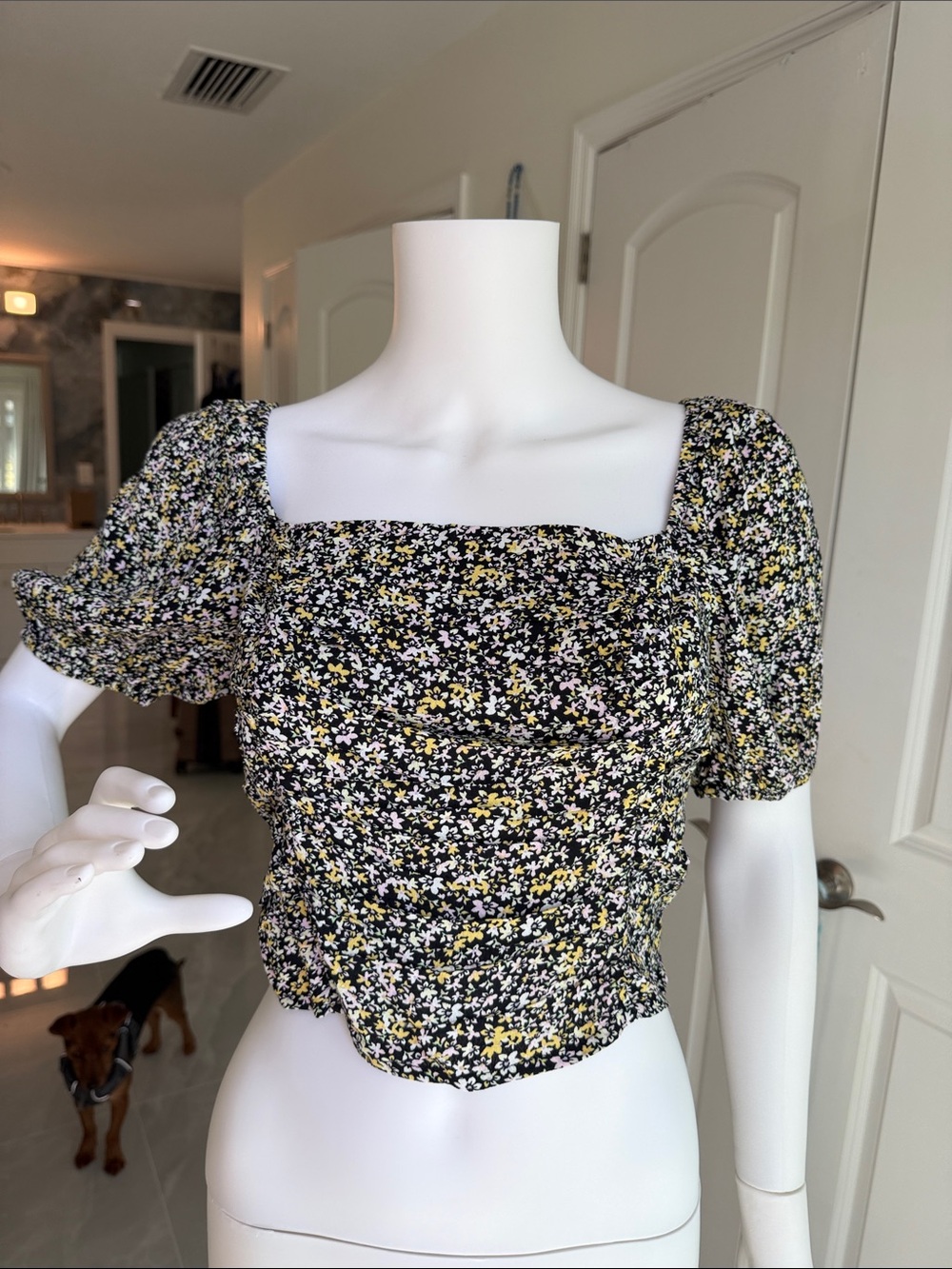 Sophie Rue Black Floral Smocked Square-Neck Crop Top